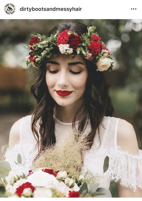 Lace wedding dress and flower head wreath and red lip Hair Garland Wedding, Bridal Head Wreath, Head Wreath Wedding, Flower Garland Hair, Red Flower Crown, Floral Head Wreath, Flower Head Wreaths, Flower Wreath Hair, Flower Crown Bride