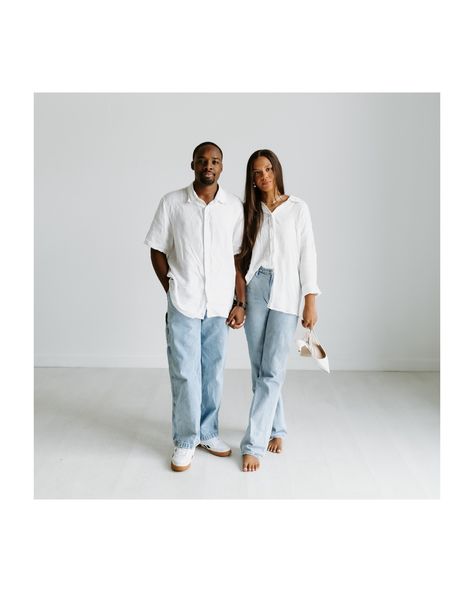 These studio moments with Lexie + Jay made me feel like I want to do engagement sessions inside forever 🥲 . . . #austinweddingphotographer #sanantonioweddingphotographer #studioengagementsession #thelumenroom Denim And White Couple Photoshoot, White Shirt And Jeans Outfit Photoshoot Couple, Couples Studio Photoshoot, White Tshirt And Jeans, Pre Wedding Shoot Ideas, Couple Pic, Snap Streak, Studio Photoshoot, Austin Wedding Photographer