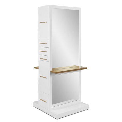 Double Sided Salon Styling & Barber Stations | Minerva Beauty Gold Shelf, Hair Salon Furniture, Salon Styling Stations, Minerva Beauty, Home Beauty Salon, Salon Mirrors, Gold Shelves, Full Length Mirrors, Hair Salon Interior