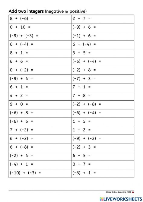 Addition Of Integers Worksheet, Integers Worksheets 6th Grade, Addition Of Integers, Year 6 Maths Worksheets, Adding Integers Worksheet, Add Integers, Integers Activities, Subtracting Rational Numbers, 7th Grade Math Worksheets