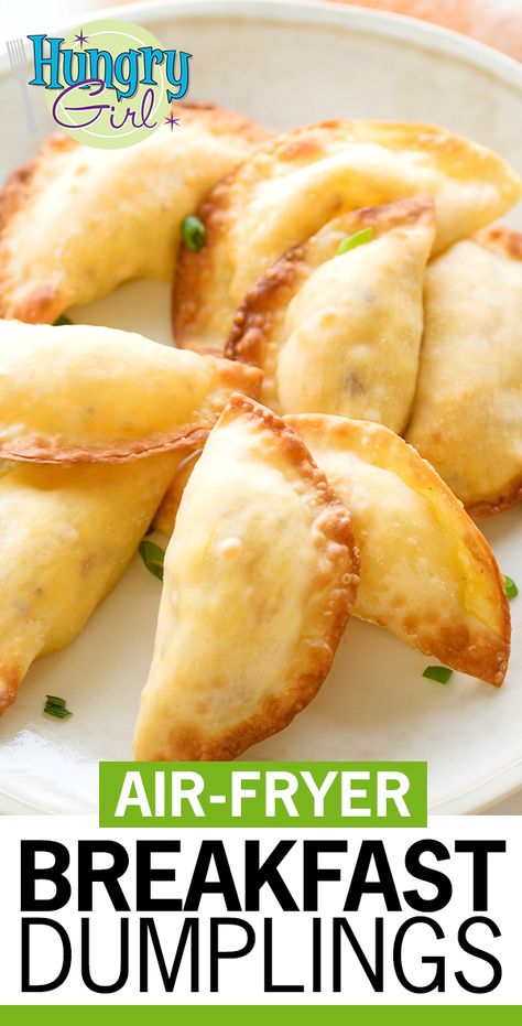 Bacon, Egg & Cheese Breakfast Dumplings + More Healthy Air-Fryer Recipes | Hungry Girl Apples Air Fryer, Air Fryer Recipes Healthy Low Carb, Wonton Wrapper Recipes, Air Fryer Breakfast, Bacon Egg Cheese, Hungry Girl Recipes, Wonton Recipes, Cheese Breakfast, Egg Cheese