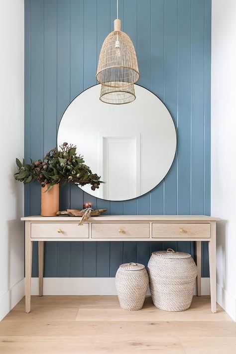 Light Brown Farmhouse Console Table on Vertical Blue Shiplap Wall - Cottage - Entrance/foyer Coastal Entryway Ideas, Pure Salt Interiors, Coastal Entryway, Styl Hampton, Modern Coastal Decor, Farmhouse Console Table, Pure Salt, Beach House Interior Design, Coastal Interiors Design