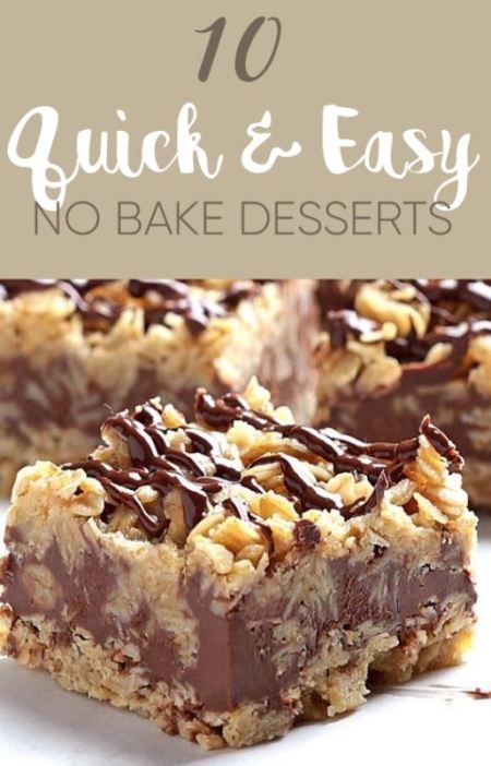 10 quick and easy no bake desserts. #nobake #desserts #recipes #food #easyrecipes Best Oatmeal Recipe, Chocolate Oatmeal Bars, Smores Dessert, Fast Desserts, Easy Dessert Recipes Quick, Quick Dessert Recipes, Dessert Simple, Quick Easy Desserts, Dessert Party