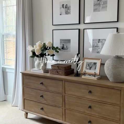 Chest Of Drawers In Living Room, Bedroom Console Styling, Bedroom Decor Dresser Ideas, Decor Over Dresser Bedroom, Hallway Dresser Decor, How To Style Dresser Top Master Bedrooms, Dresser Display Ideas, How To Style Dresser, Buffet Styling Dining Room