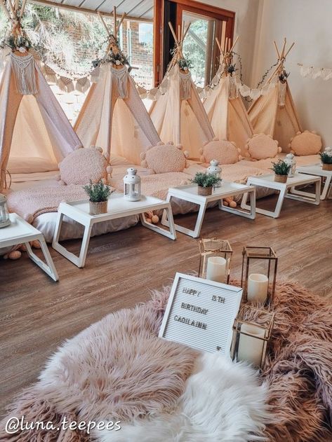 Boho Birthday Party Sleepover, Spa Party Tents, Tents Birthday Party, Boho Teepee Sleepover Party, Boho Slumber Party Ideas, Birthday Tent Ideas, Boho Tent Party, Boho Slumber Party, Boho 13th Birthday Party Ideas