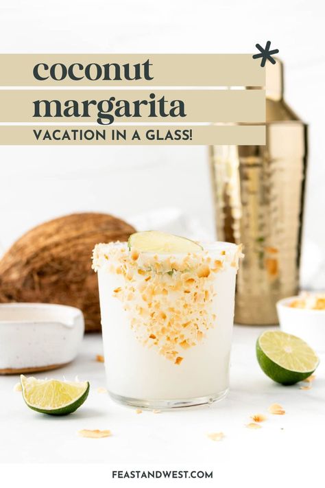 With a toasted coconut rim, these creamy coconut margaritas are full of coconut flavor and taste like a tropical vacation in a glass! Coconut Chilli Margarita, Coconut 1800 Drink Recipes, Summer Entertaining Recipes, Coconut Tequila, Coconut Rum Drinks, Margarita Gifts, Blue Recipes, Coco Lopez, Coconut Margarita