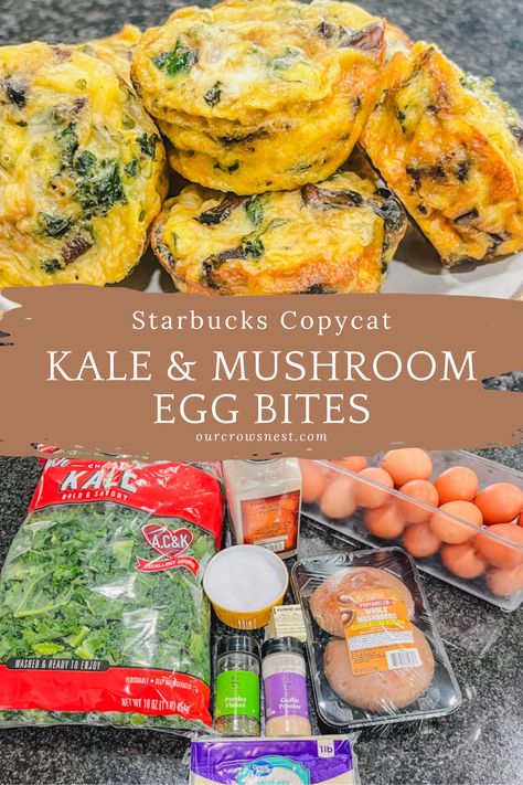 Looking for a quick breakfast that you can meal prep? This Starbucks Kale and Mushroom Egg Bites Recipe will give you a healthy breakfast in no time!  These delicious egg bites are chewy and are packed with leafy kale and hearty Portobello mushrooms.  A little bit of Monterey jack cheese is used to give our homemade egg bites a lovely creaminess.  
#eggbites #starbuckscopycat #freezerfriendly #easybreakfast Starbucks Veggie Egg Bites, Mushroom Egg Bites, Starbucks Egg Bites Recipe Kale And Mushroom, Egg Bites Mushroom, Kale And Mushroom Egg Bites, Egg Bites Recipe, Starbucks Copycat, Egg Bites, Sausage And Egg