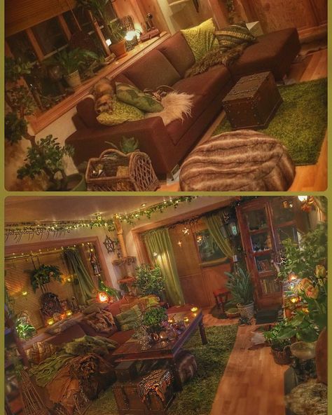 Behold my living room- before & after ✨🌿🕯Two years apart 🍃🙌🏻 #IgnoreTheMess #TooBusyPlunderingAndCreatingStuffToCleanAtm 😉 Woodland Playroom, Fairytale Room, Fairytale Houses, Forest Bedroom, Hippie House, Forest Room, Enchanted Woodland, Fairy Room, Future Shop