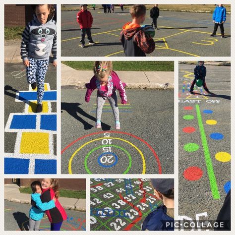 Fun and Games: Painted Pavement Makes Big Impact - Paintshop School Playground Painted Games, Concrete Playground Ideas, Playground Games Painted, Painted Playground Games, Playground Painting Ideas, Painted Pavement, School Playground Ideas, Activies For Kids, Asphalt Games