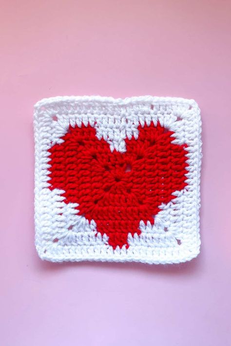 Heart Granny Square Coaster, Granny Heart Crochet Pattern, Heart Granny Square Projects, Solid Heart Granny Square Pattern, Crochet Heart Square Pattern, Big Heart Granny Square, Valentine Granny Square, Heart Shape Granny Square, Solid Heart Granny Square