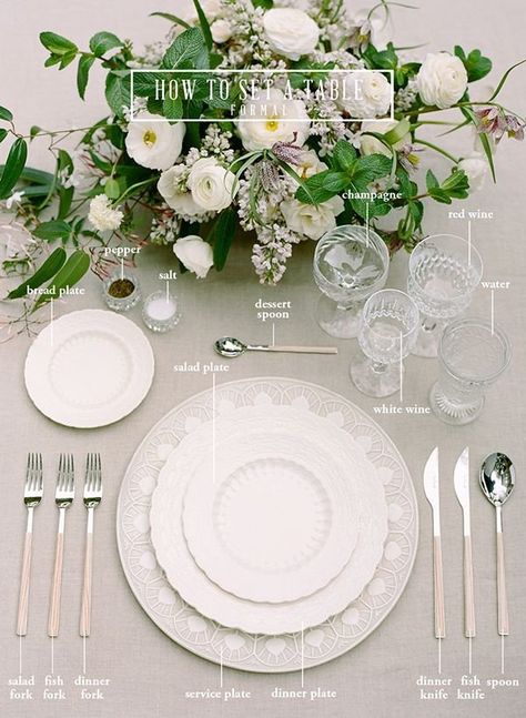 The Simple Guide To Proper Table Setting -Beau-coup Blog Formal Dinner Place Setting, Place Settings With Chargers, White Plates Table Setting, Formal Table Setting Ideas, Formal Place Setting, Proper Table Setting, Formal Dinner Table, Table Etiquette, Set A Table