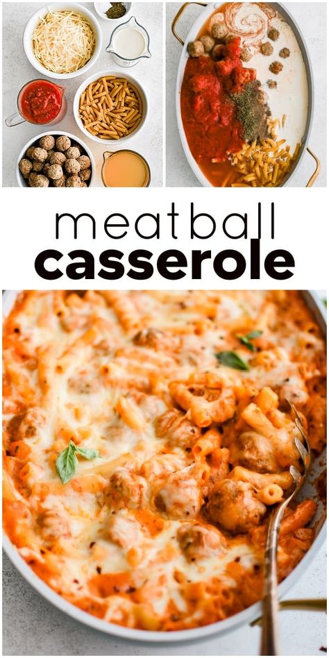 This easy Meatball Casserole Recipe is a hearty and delicious one-pan pasta casserole consisting of juicy cooked meatballs and pasta, baked in a rich and creamy mixture of marinara sauce, heavy cream, chicken broth, and melted cheese. It’s the ultimate weeknight dinner. Chicken Meatballs And Pasta, Amazing Meatballs, Heavy Cream Chicken, Meatballs And Pasta, Pasta Meatballs, Meatball Casserole Recipe, Postpartum Meals, Pan Pasta, Easy Meatball