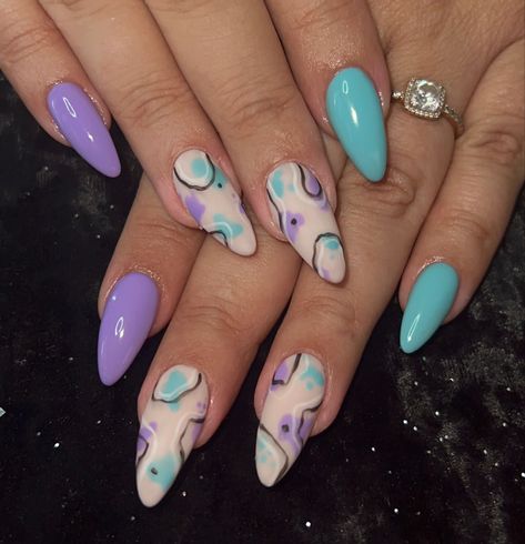 Lilac And Teal Nails, Teal And Purple Nail Ideas, Purple And Teal Nails Designs, Purple Abstract Nails, Purple And Teal Nails, Teal Nail Designs, Boho Nails, Teal Nails, Formal Nails