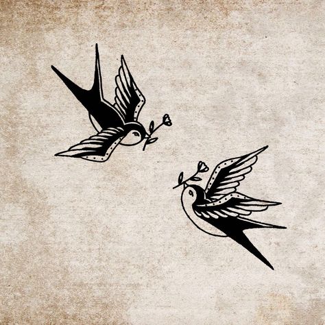 Two Birds Traditional Tattoo, Tradition Bird Tattoo, Black And White Swallow Tattoo, Traditional Sticker Tattoo Sleeve, Sparrow Tattoo Men Traditional, Classic Bird Tattoo, Black Swallow Tattoo, American Trad Bird Tattoo, Two Swallows Tattoo Traditional