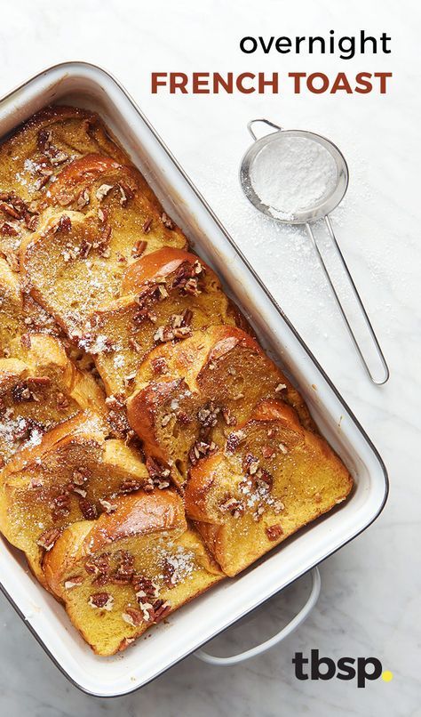 An easy overnight French toast casserole that can be prepared in under ten minutes. Great for serving company! Easy Overnight French Toast, Mary Makes It Easy, Overnight French Toast Recipe, Overnight French Toast Casserole, French Toast Casserole Overnight, Overnight French Toast, What's For Breakfast, Food Favorites, French Toast Casserole