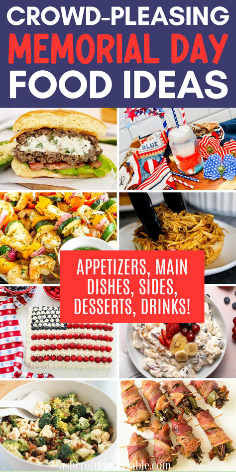 Collage of Memorial Day party food ideas, including appetizers, main dishes, sides, desserts, and drinks. Memorial Bbq Ideas, Memorial Day Cookout Side Dishes, Memorial Day Bbq Side Dishes, Red White And Blue Side Dishes, Memorial Day Potluck Dishes, Memorial Day Cookout Ideas, Memorial Day Sides Dishes, Ideas For Bbq Party Food, Memorial Day Menu Ideas