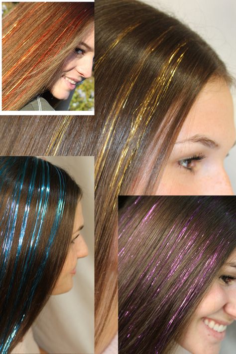 Tinsel In Hair Ideas, Hair Tinsel Brunette, Highlight Extensions, Remove Sun Tan From Face, Hair Tinsels, Bloom Party, Hair Designs For Girls, Tinsel Extensions, Get Rid Of Tan