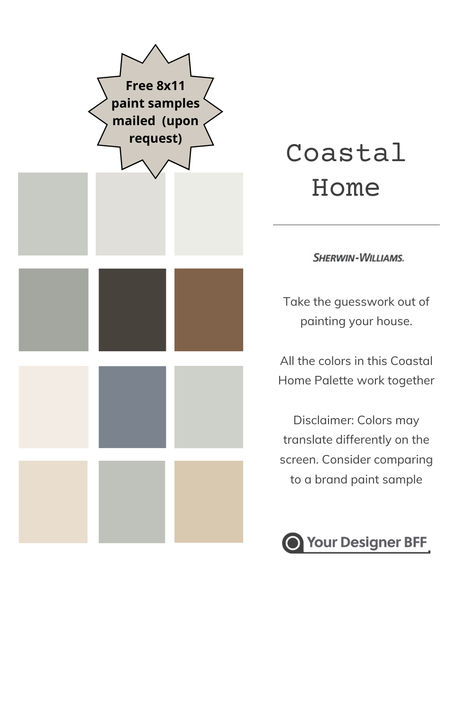 Discover four stunning paint schemes for your Southern or Coastal home exterior, featuring Sherwin Williams colors. Add charm and timeless elegance to your home with our expertly curated paint consultation. With four options to choose from, you'll find the perfect palette to give your home a fresh and inviting look. Southern Living Exterior Paint Colors, Sherwin Williams Exterior Coastal Colors, Coastal Farmhouse Color Palette Sherwin Williams, Nuetral Pallete Paint Sherwin Williams, Sherwin Williams Coastal Plain Coordinating Colors, Classic Southern Home, Coastal Home Exterior, Exterior Paint Schemes, Coastal Exterior