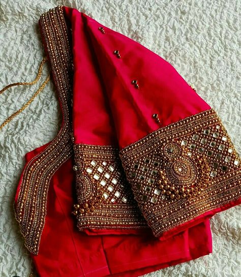 Bead Blouse Designs, Red And Gold Blouse Designs, Latest Aari Work Blouse Designs 2024, Red Blouse Aari Work Designs, Gold Blouse Designs, Red Blouse Design, Simple Aari Work, Maggam Blouses, Long Blouse Designs