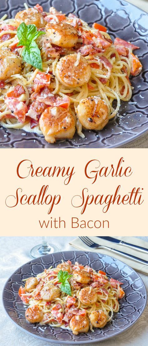 Creamy Garlic Scallop Spaghetti with Bacon - ready in well under 30 minutes, this in one quick & easy meal that's sure to impress. It easily adapts to serve just two as well, making it an ideal choice for a romantic dinner for Valentine's Day or at any time of the year you want to pamper your sweetheart. Scallop Spaghetti, Spaghetti With Bacon, Scallop Recipes, Creamy Garlic, Romantic Dinner, Spaghetti Squash, Seafood Dishes, Dinner Time, Fish Recipes