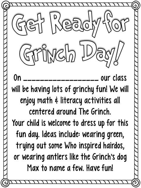 FREEBIE! Cute note to send home about Grinch Day Grinch Day, December Lessons, Math Literacy Activities, December Kindergarten, Cute Note, Christmas Lesson, Teaching Holidays, Happy Teacher, Christmas Teaching