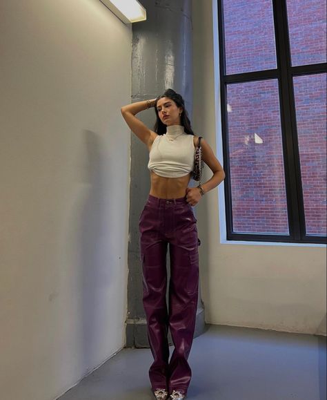 Purple Leather Pants, Purple Jeans Outfit, Purple Pants Outfit, Leather Pants Outfit, Purple Jeans, Purple Pants, Purple Leather, Princess Polly, Types Of Fashion Styles