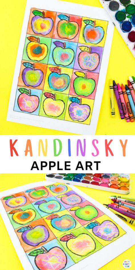 Arty Crafty Kids | Kandinsky Inspired Apple Art for Kids. A fun and playful early Autumn art and craft project for kids. Perfect for studying colour creation. Kandinsky Apple Art, Autumn Art And Craft, Apple Art Projects For Kids, Apple Art Projects, Art Kandinsky, Apple Template, September Art, Art Project For Kids, Kandinsky Art