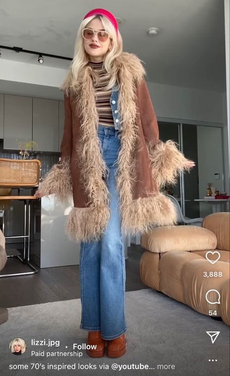 Winter Coat Outfits Aesthetic, 70’s Jacket, 70s Jacket Outfit, Penny Lane Coat 70s, Fur Trim Cardigan Outfit, Afgan Coat Outfit, 70s Outfits Winter, Hippie Fashion Winter, Winter 70s Outfits