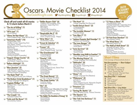 Oscar's 2014 Movie Checklist, Gold Knight, Movie Challenge, Oscar Movies, Oscars 2014, Oscar Winning Movies, Movie Hacks, Movies To Watch Teenagers, Netflix Movies To Watch