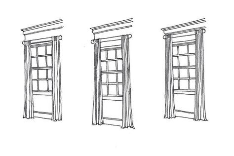 Alexa Hampton on the Right height for curtains.........    From left to right:  The Choke Hold: Curtains installed too close to the window casing truncate the view.    Height is Right: Placing curtains just under the room's crown molding makes the window appear taller.    In-Between Solution: If there's a lot of space between the casing and the molding, mount the pole in the middle of the space. Craftsman Trim Window, Curtain Height, Hanging Drapes, Interior Window Trim, Craftsman Trim, Hanging Curtain Rods, Window Molding, Window Casing, Alexa Hampton