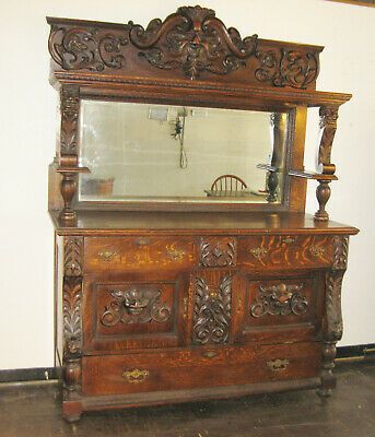 ANTIQUE TIGER OAK CARVED SIDEBOARD WITH MIRROR | eBay Antique Sideboard Buffet With Mirror, Yesteryear Memories, Antique Wood Furniture, Sideboard Antique, Carved Sideboard, Sideboard With Mirror, Antique Sideboard Buffet, Wooden Range Hood, Edwardian Sideboard