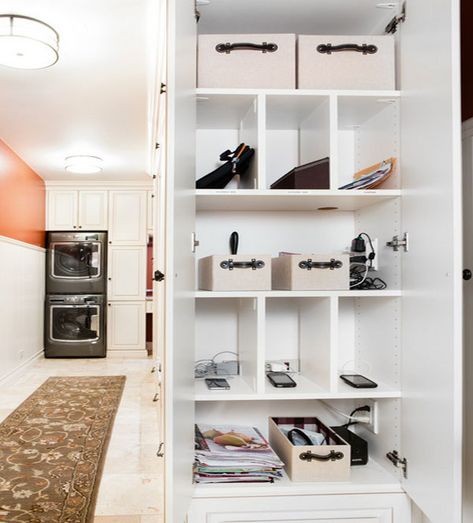 white closet organization stations  Mobile Device Charging Stations For A Neat And Tidy Space Charging Station Cabinet, Ipad Charging Station, Kitchen Niche, Narrow Laundry, Traditional Laundry Room, Narrow Laundry Room, Cubbies Mudroom, Mudroom Cabinets, Entry Way Ideas