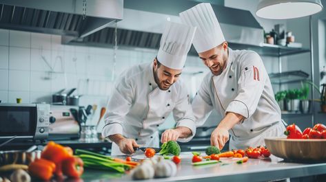 Chefs Preparing Meal: Two professional chefs in a modern kitchen setting are happily preparing vegetables for a meal. #chefs #cooking #kitchen #professional #teamwork #aiart #aiphoto #stockcake ⬇️ Download and 📝 Prompt 👉 https://ayr.app/l/acPU Chef Pictures Photo Ideas, Chef In Kitchen, Preparing Vegetables, Chef Images, Chef Pictures, Kitchen Professional, Cooking Competition, Professional Chef, Cooking Kitchen