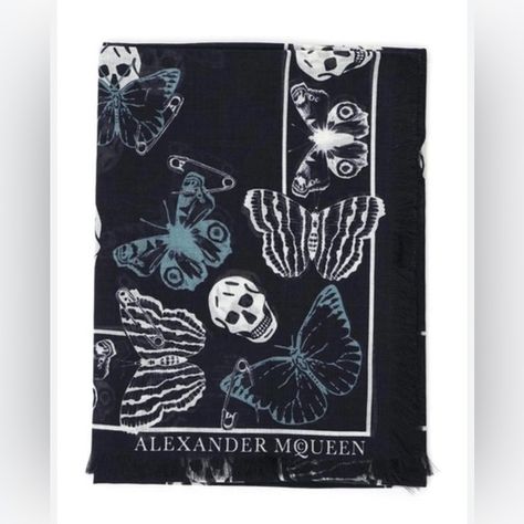 Alexander Mcqueen Butterfly Skull Scarf, $395 Alexander Mcqueen Butterfly, Mcqueen Scarf, Butterfly Skull, Butterfly Scarf, Silk Scarf Wrap, Leather Card Holder Wallet, Silk Chiffon Scarves, Skull Scarf, Gold Skull