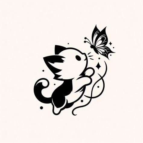 Cat Yin And Yang, Animal Semicolon Tattoo, Cat Doodles Cute, Cat And Butterfly Drawing, Gumiho Tattoo, Cat Mouth Drawing, Simple Cat Outline, Black And White Cat Tattoo, Cute Cat Tattoo Ideas