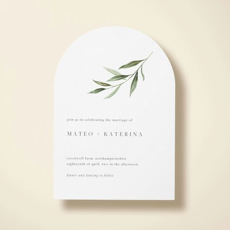 Customizable Olive Sprig Arched Wedding Invitation designed by Papier. This flat invitation, information and RSVP cards are printed on white Mohawk paper with a matt, eggshell finish. The invitation measures 5" x 7" and can be fully customized. Olive Sprig, The Invitation, Rsvp Card, Invitation Design, Wedding Invitation, Wedding Invitations, White, Design