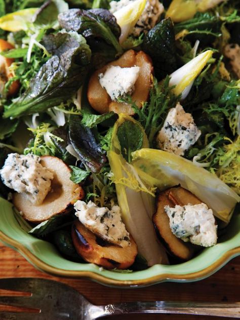 John Besh Recipes, Roasted Pear Salad, Pear Salad Recipes, Blue Cheese Recipes, Roasted Pear, Bitter Greens, Pecan Salad, Pear Salad, Holiday Favorite Recipes