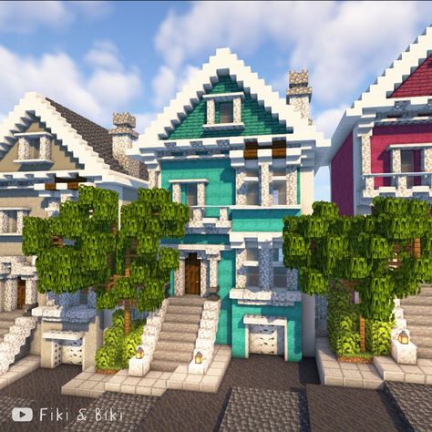 Tutorial for this build is on our YouTube channel: Fiki & Biki 🐔 (link in bio) Modern Row House, Minecraft Beach House, Minecraft Modern City, Minecraft City Buildings, Minecraft Structures, Minecraft Interior Design, Bangunan Minecraft, Minecraft House Plans, Minecraft Farm