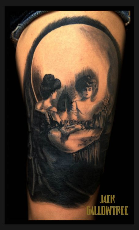 Ladies in a tattoo Skull Mirror, Mirror Tattoo, Mirror Tattoos, All Is Vanity, Skull Girl Tattoo, Optical Illusion Tattoo, Map Tattoos, Rabbit Tattoos, Cool Optical Illusions