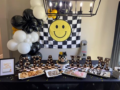 Smiley Face Lightning Bolt Cake, Smiley Face Third Birthday, Rad Party Theme, Checkered Party Ideas, Smiley Face One Year Birthday, Smiley Face Birthday Party Food, One Happy Dude First Birthday Food Ideas, One Cool Dude First Birthday Party Cake, Smiley Face Checkered Birthday Party