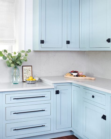 Michelle Gage | Interiors on Instagram: “It’s been about a month since our kitchen renovation wrapped up and we’re still obsessed with it. The powder blue cabinets are what dreams…” Blue Kitchen Cabinets Black Hardware, Kitchen Cabinets Black Hardware, Powder Blue Kitchen, Black Stainless Appliances, Kitchen Butlers Pantry, Blue Kitchen Cabinets, Blue Cabinets, Blue Kitchen, Dining Nook