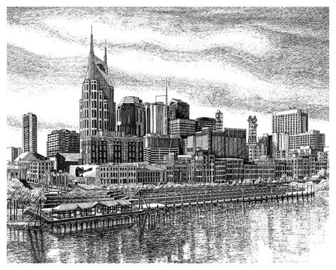 Print of Nashville Skyline in Nashville TN by JanetKingFineArt Nashville Music Row, Skyline Drawing, Skyline Artwork, Nashville Skyline, Music Row, Nashville Music, Black And White City, Beauty In Art, City Drawing