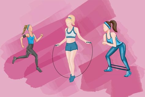 Vector illustration of fitness girls performing sports exercises on a pink background Exercise Illustration Art, Background For Physical Education, Physical Fitness Background, Cool Down Exercises, Hd Wallpapers For Laptop, Cartoon Background, Gym Fit, Girls Illustration, Pink Design