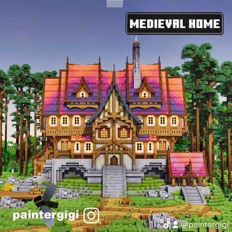 Minecraft medieval home Minecraft Cottage Greenhouse, Minecraft Ombre Roof, Medevial Minecraft House, Minecraft Forge Room, Minecraft Gradient Roof, Minecraft Colorful Houses, Colorful Minecraft Houses, Colorful Minecraft Builds, Minecraft Fantasy Village