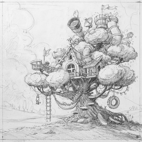 ArtStation - Best Tree House ever :), Tomek Larek Tree House Drawing, Fantasy Tree, Game Cover, Arte Sketchbook, Fairytale Art, Doodle Art Designs, Art Drawings Sketches Creative, Tree Drawing, Environment Concept Art