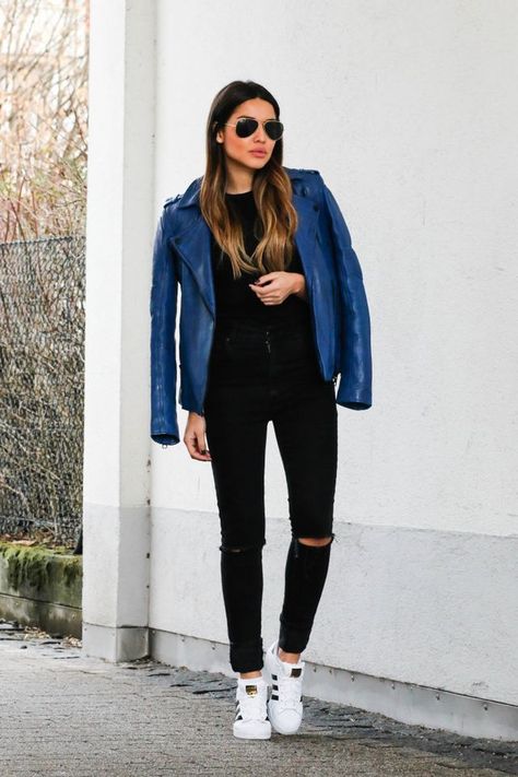 BLUE LEATHER JACKET Navy Blue Leather Jacket Outfit, Blue Leather Jacket Outfit, Navy Blue Leather Jacket, Womens Leather Jacket Outfit, Navy Leather Jacket, Blue Suede Jacket, Season Outfits, Official Dresses, Casual Grunge