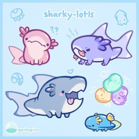 Axolotl Cute, Shark Art, Cute Shark, Cute Animal Drawings Kawaii, Creature Drawings, Cute Doodles Drawings, Cute Kawaii Drawings, Cute Cartoon Drawings, Cute Monsters