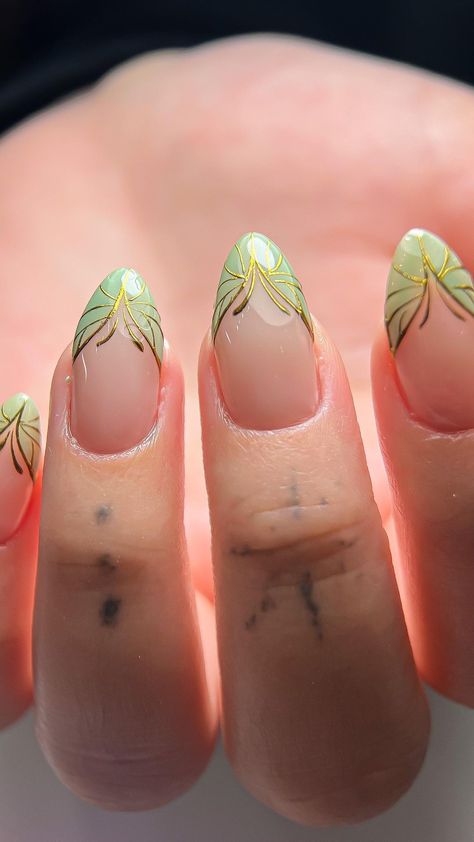 Lunar Moth Nail Art, Butterfly Tip Nails, Nature Nail Designs, Lunar Moth Nails, D&d Nails, Nail Butterfly Art, Buterfluffy Nails, Fall Nails Nail Art, Luna Moth Nails