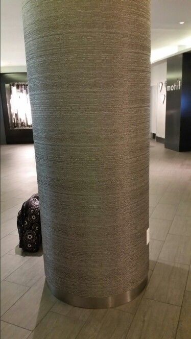 Textured wallpaper on column. Home Room Design, Textured Wallpaper, House Rooms, Small Trash Can, Trash Can, Family Room, Room Design, Quick Saves, Design