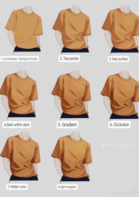 Male Pose Standing Drawing, Shirt Sleeve Reference Drawing, Men Body Types Drawing, Male Shirt Drawing, T Shirt Drawing Reference, Shirt Wrinkles Reference, Art Clothes Drawing, Shirt Shading, Render Clothes